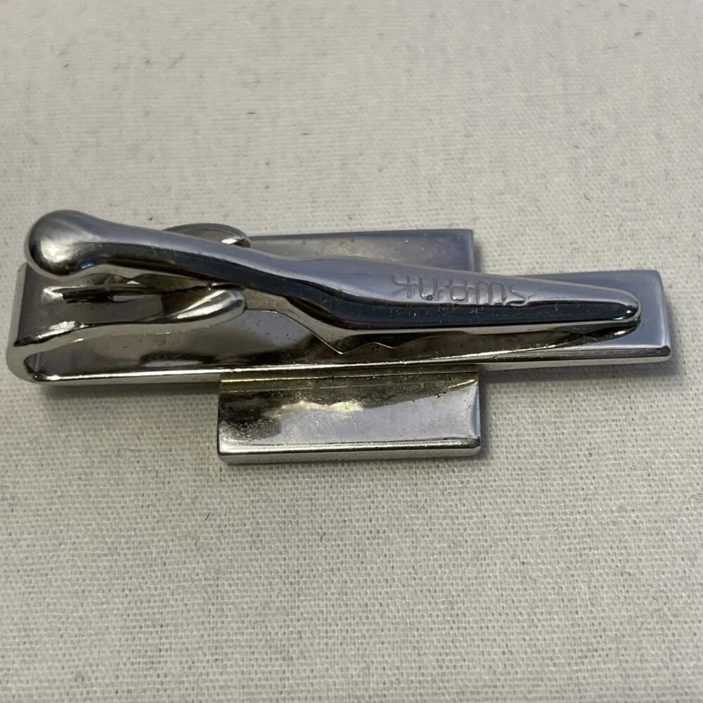 Vintage Swank Tie Tack Pin Cuff Links Silver Tone Black Accent Bullet Backing